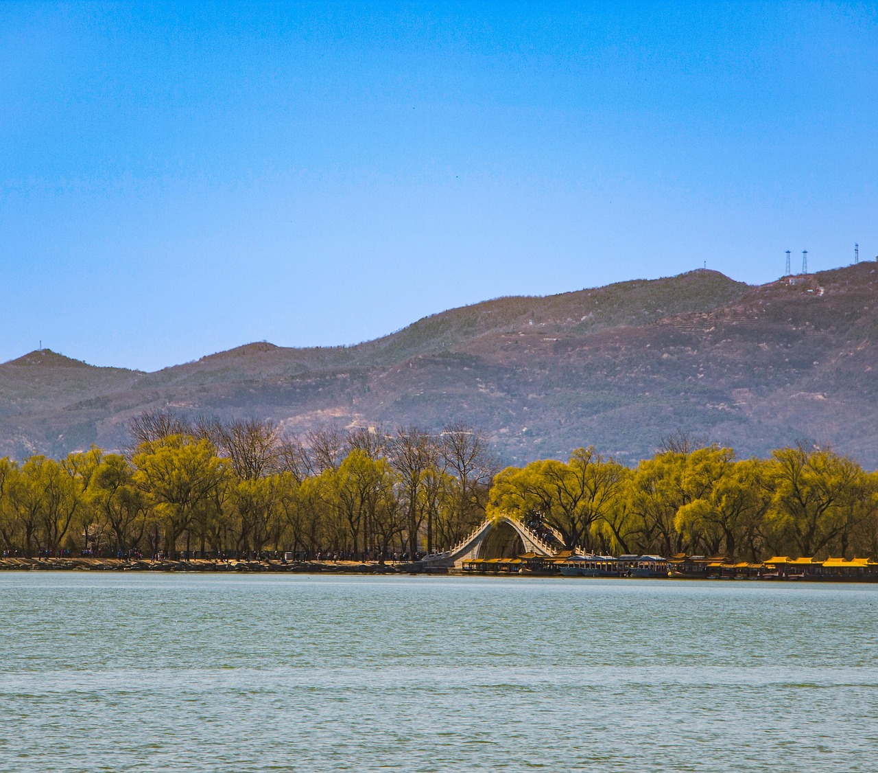 lake kunming lake summer palace china tourist attraction hill sky pagoda mountains skyline forest nature bridge
