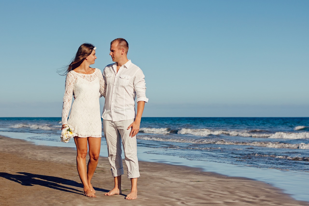 wedding  beach  young couple  couple  portrait  lovers  husband and wife  bride and groom  beach wedding  marriage  pair  together  romantic couple  couple port