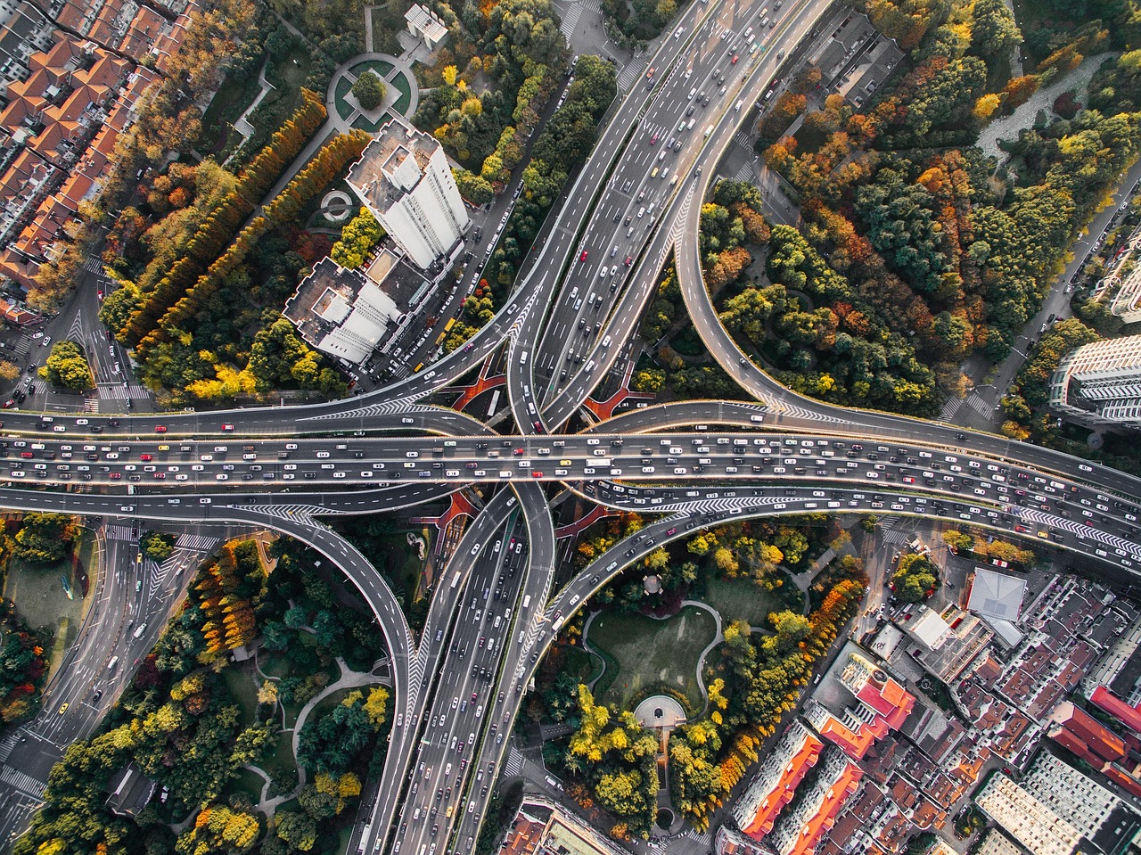 architecture buildings cars city cityscape highway infrastructure roads nature traffic trees urban China Shanghai