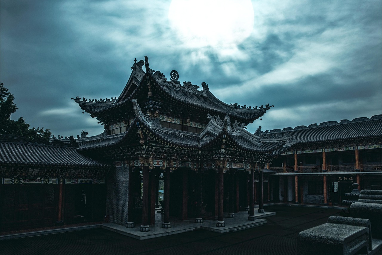 ancient building buddhism temple religion night moon china dongshan temple culture
