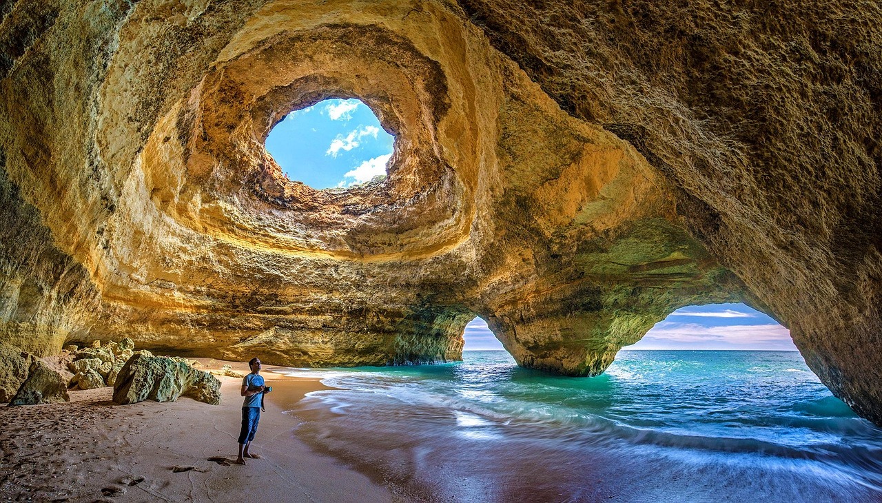 portugal algarve benagil selfie grutas de benagil cave sea rock ocean beach water rock gate summer nature riverbank cliff rocky coast landscape