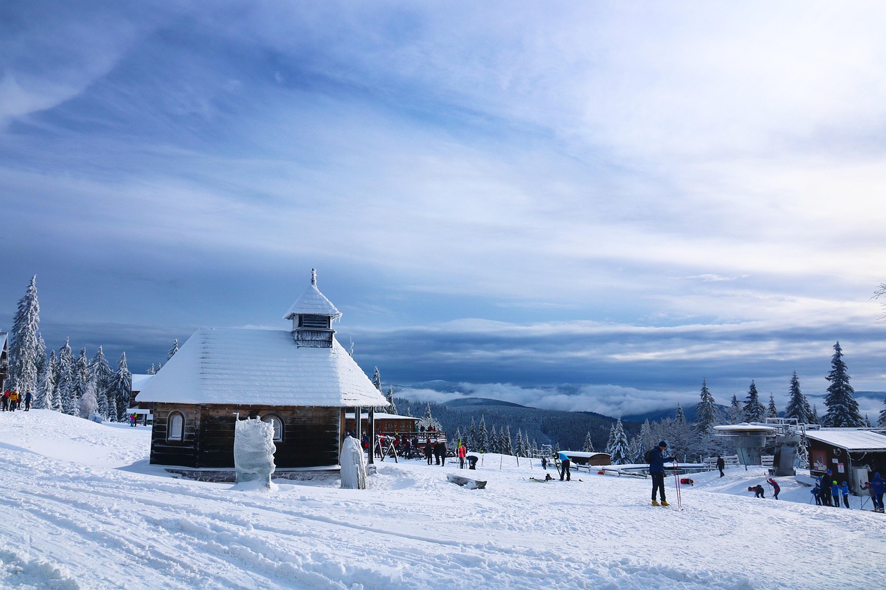 chapel snow mountain town nature buildings people winter cold tourism snowy alpine alps winter landscape landscape view