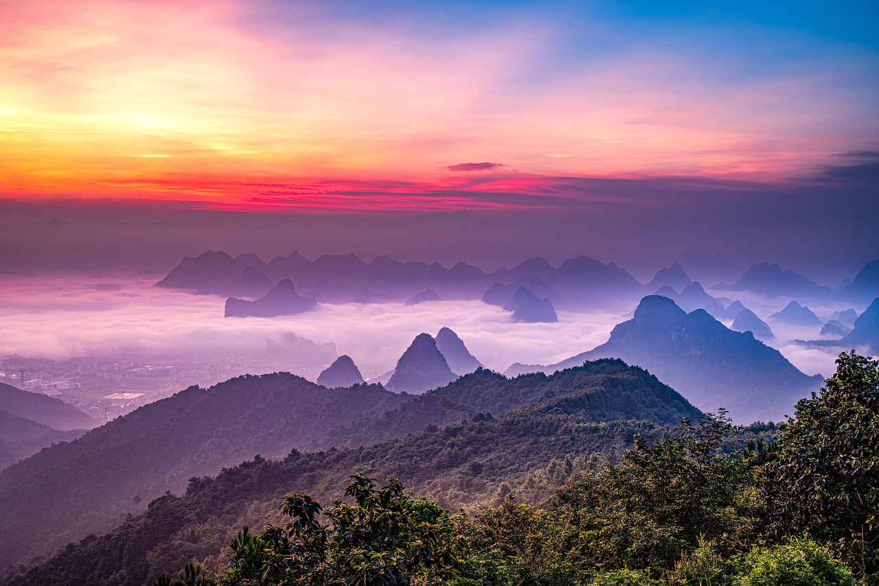 china guilin sunrise rosy clouds nature the scenery travel mountain karst