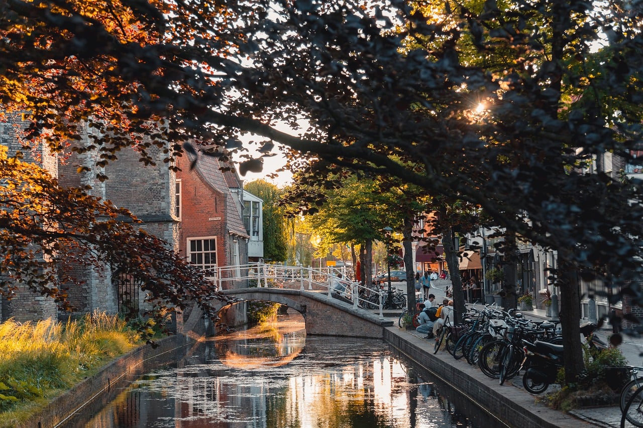 canal bridge delft netherlands nature old architecture classic silhouette trees sunset red bricks historic cityscape reflection romantic atmosphe