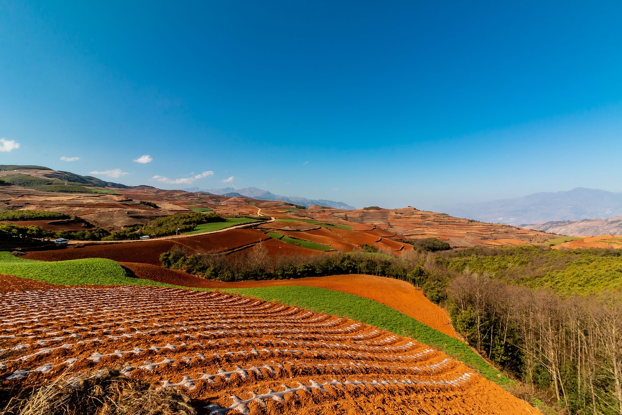 dongchuan  kunming  yunnan  china  nature  field  hill  landscape  agriculture  mountain  outdoors  countryside  sky  rural  red  soil  terrace  horizon  no per
